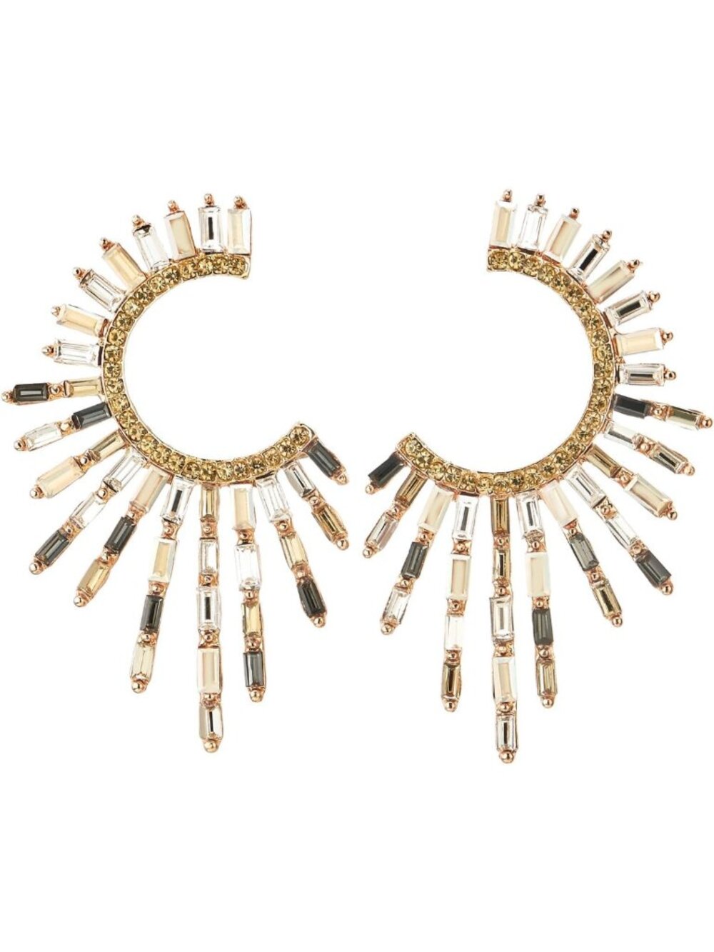 Glam Gold-Tone Crystal Fringe Hoop Earrings | Sunburst Crescent Rhinestone